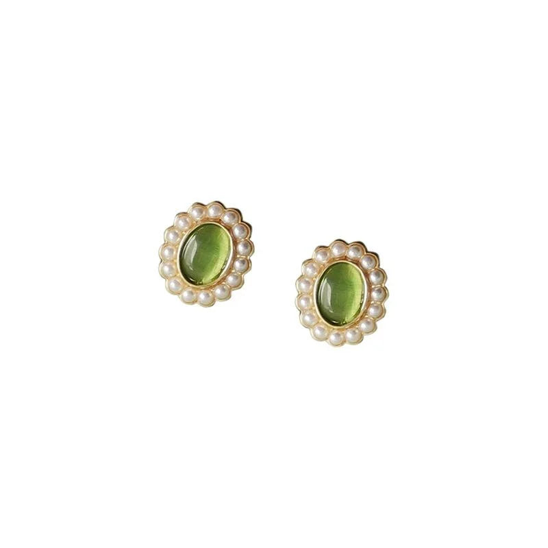 French Romantic Oval Glass Cat Eye Stone Stud Earrings 14K Plated Forest Style