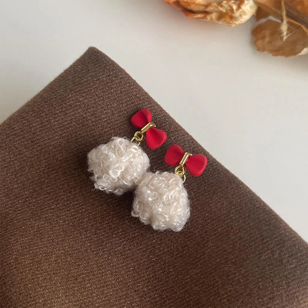 Sweet Plush Pom Pom Bow Drop Earrings For Women, Handmade Winter Commuter Jewelry