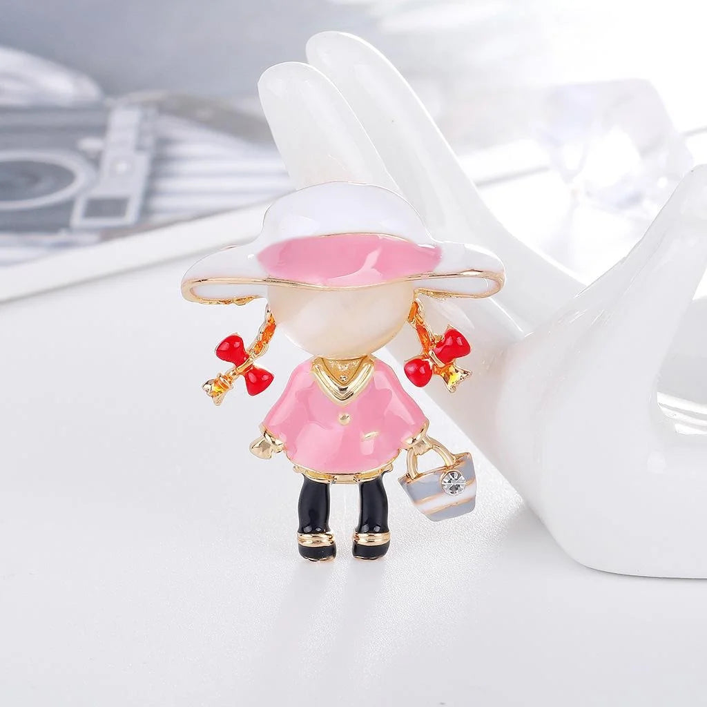 Cute Cartoon Girl Alloy Enamel Brooch With Rhinestone Bag, Fashion Lapel Pin Corsage Gift Accessory