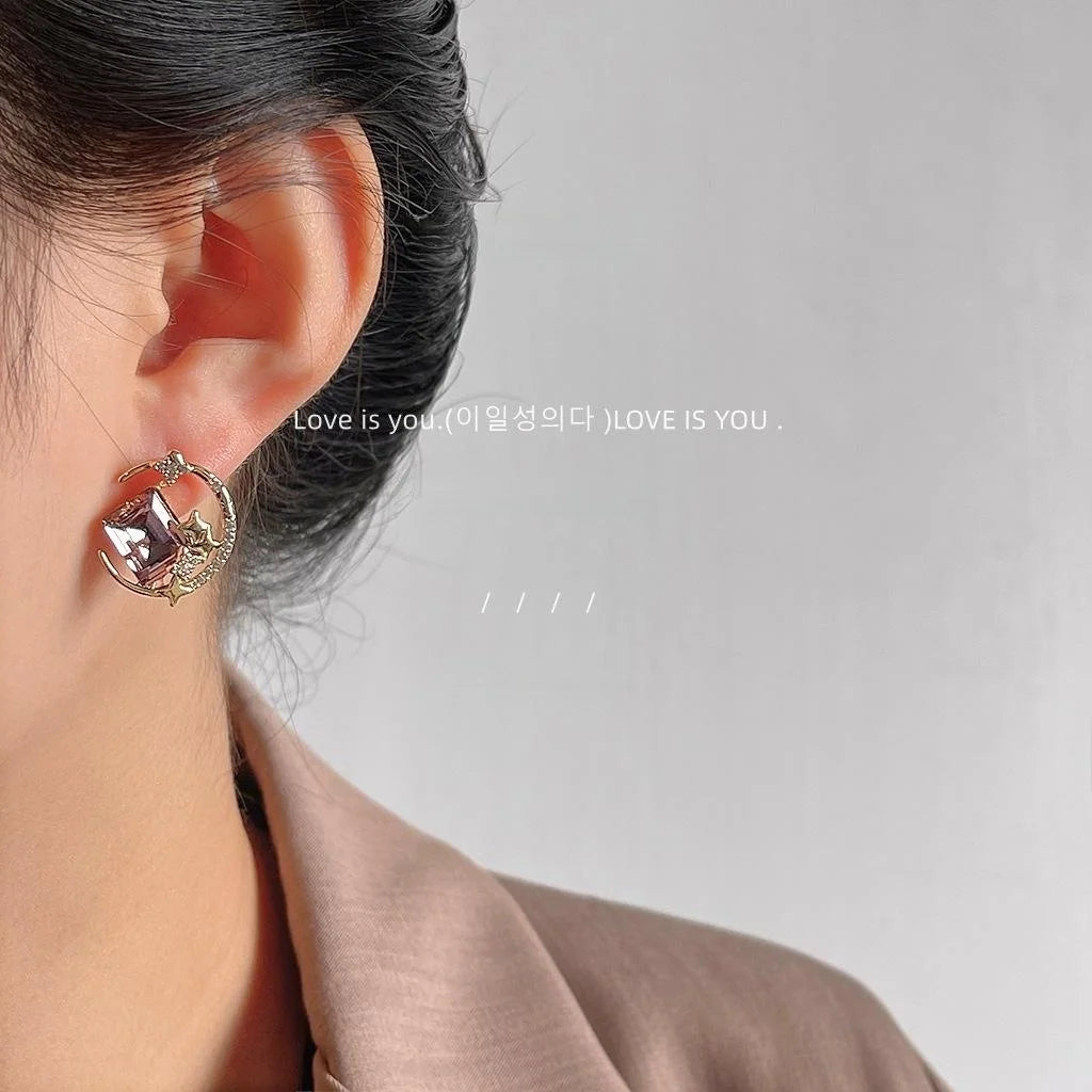 Light Luxury Copper Zircon Moon Star Glass Crystal Drop Earrings For Women