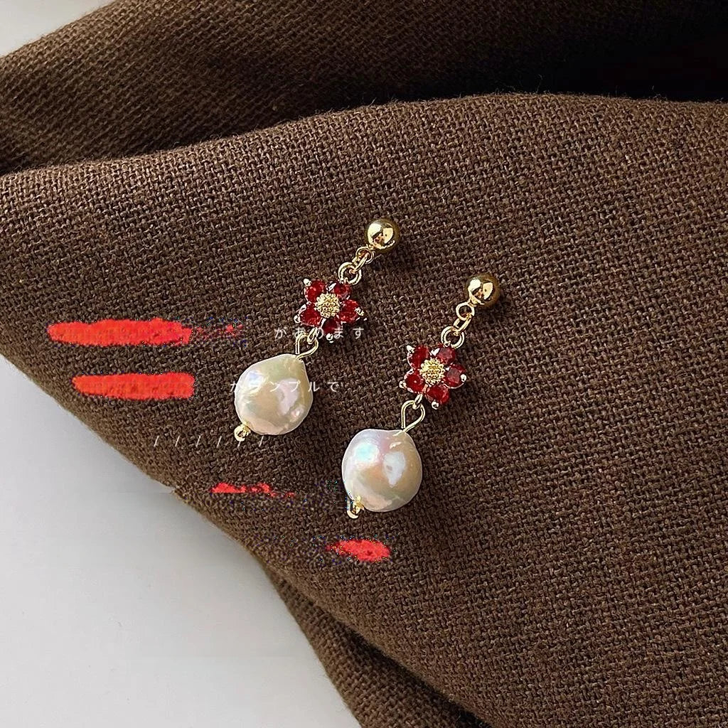 French Vintage Baroque Freshwater Pearl Flower Zircon Stud Earrings For Women