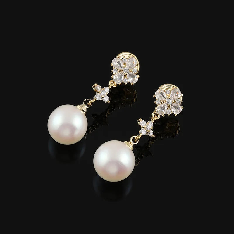 Elegant Gold Tone Flower Zircon Faux Pearl Long Drop Stud & Clip On No Piercing Dangle Earrings