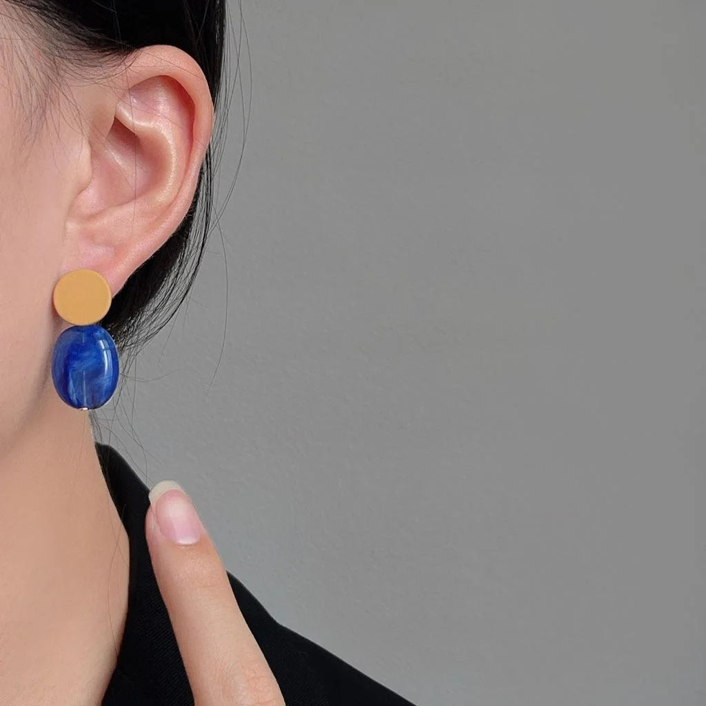 Klein Blue Colorblock Geometric Irregular Circle Enamel Copper Drop Earrings