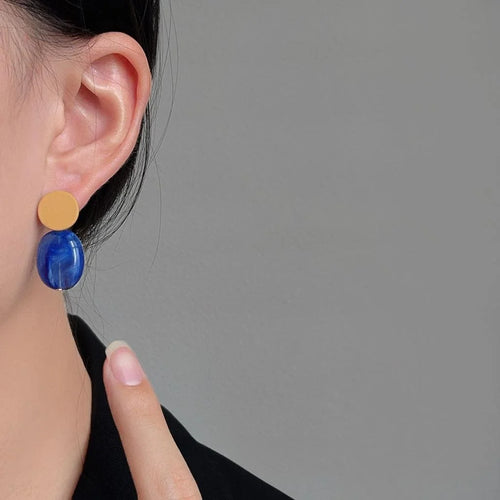 Klein Blue Colorblock Geometric Irregular Circle Enamel Copper Drop Earrings