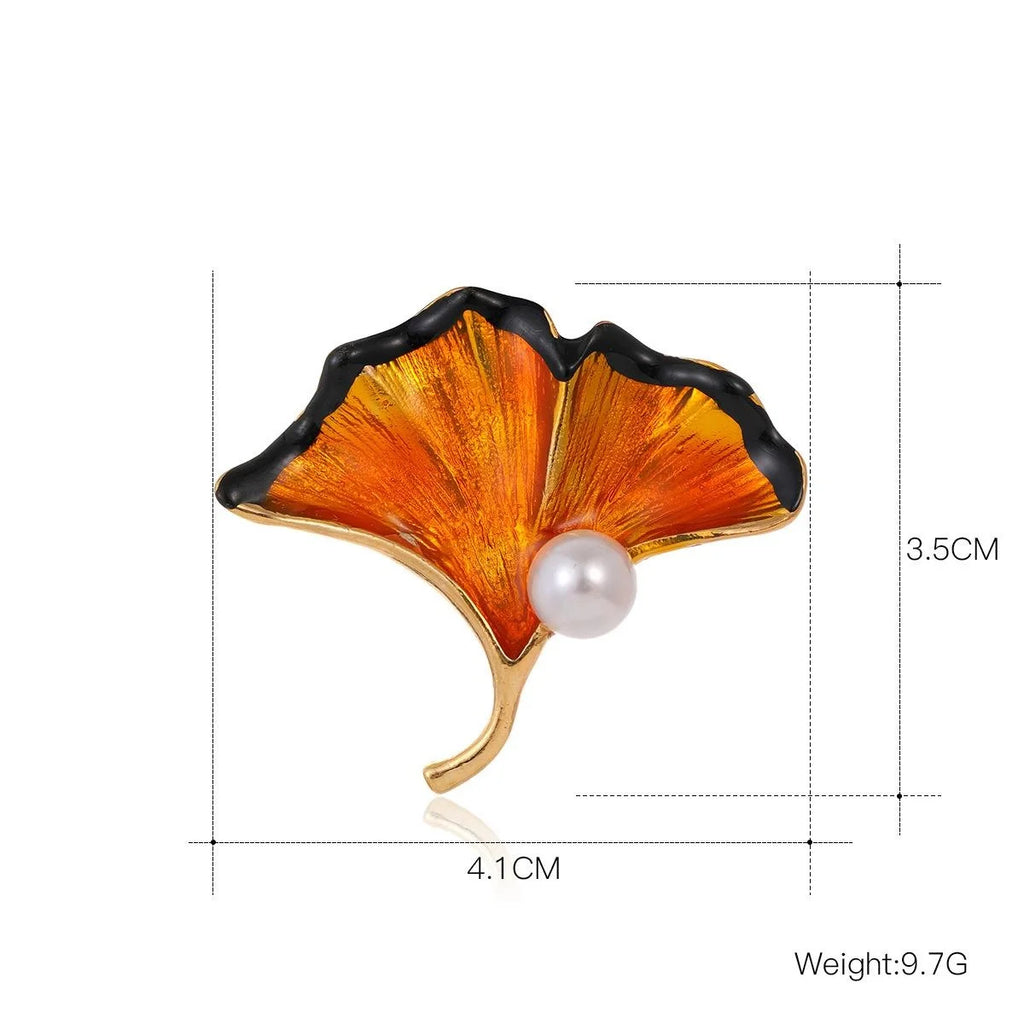 Elegant Enamel Ginkgo Leaf Brooch With Pearl Accent, Gold Alloy Plant Lapel Pin Corsage Gift
