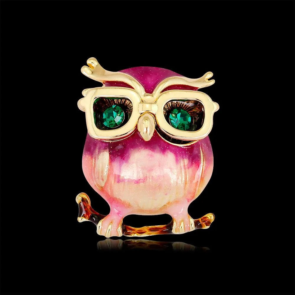Cute Enamel Owl Brooch With Green Rhinestone Eyes, Gold Alloy Lapel Pin Corsage Suit Accessory Gift
