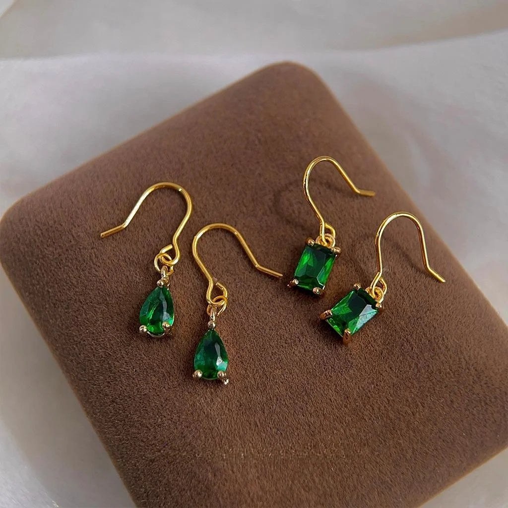 14K Gold Plated Copper Vintage Emerald Zircon Geometric Teardrop Drop Earrings For Women
