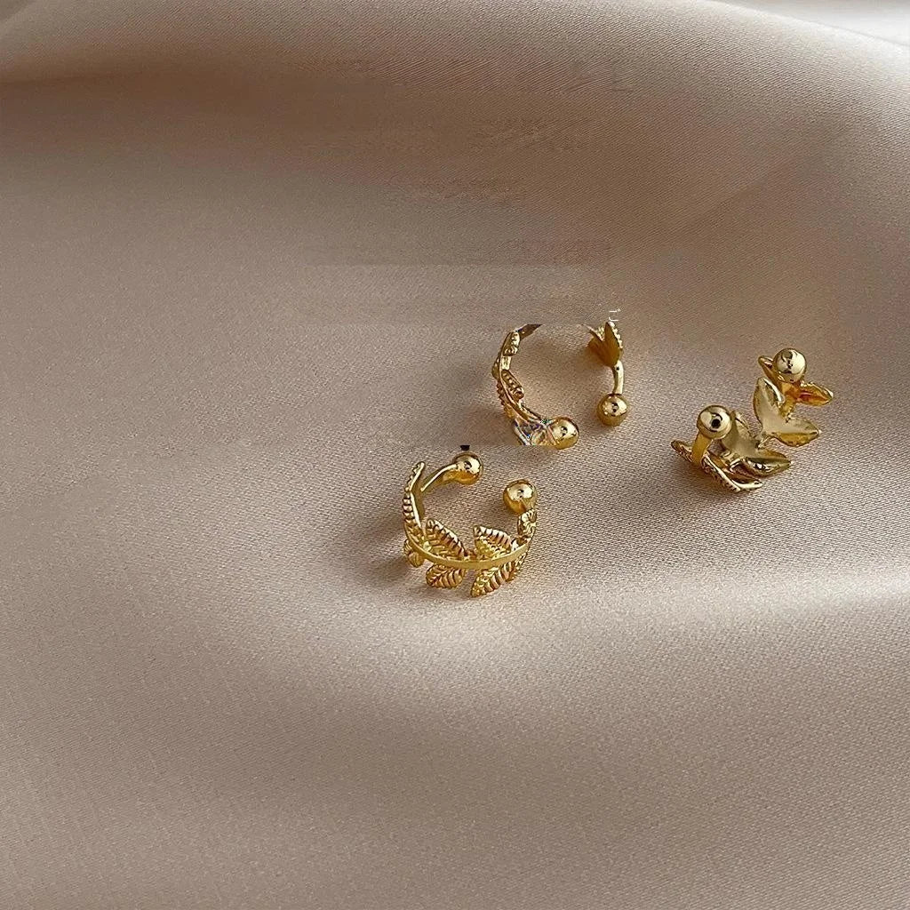 Non Pierced Real Gold Plated Copper Leaf Ear Clip Drop Earrings Korean Minimalist Style