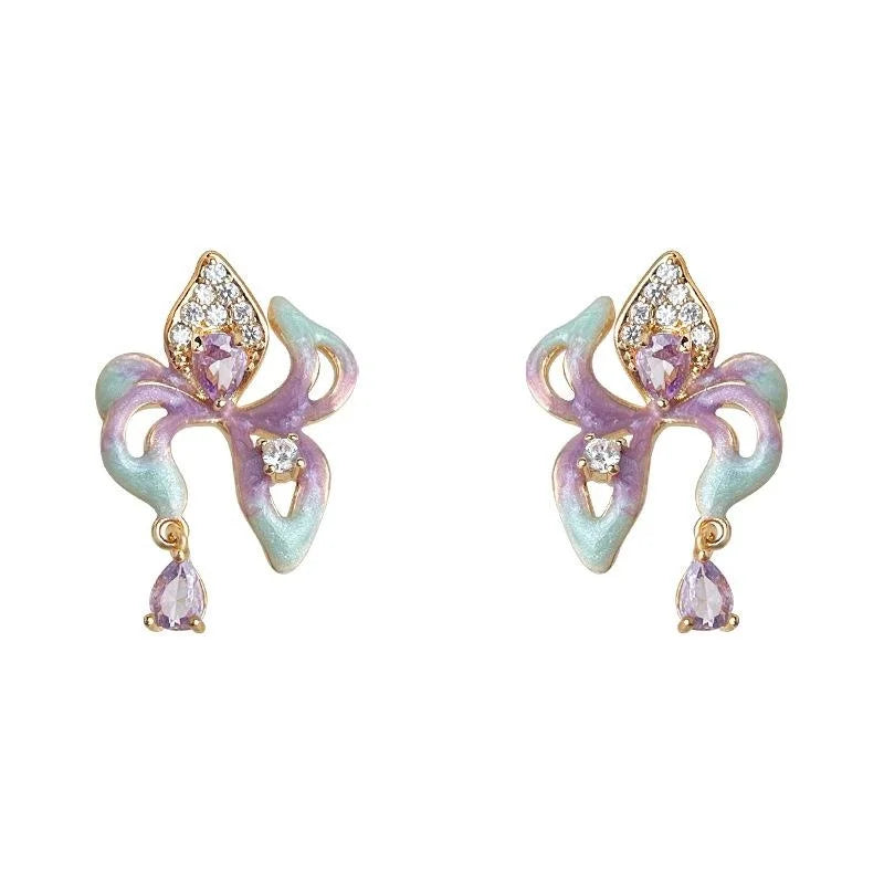 14K Plated Copper Zircon Enamel Iris Flower Drop Earrings Elegant Floral Petal Jewelry