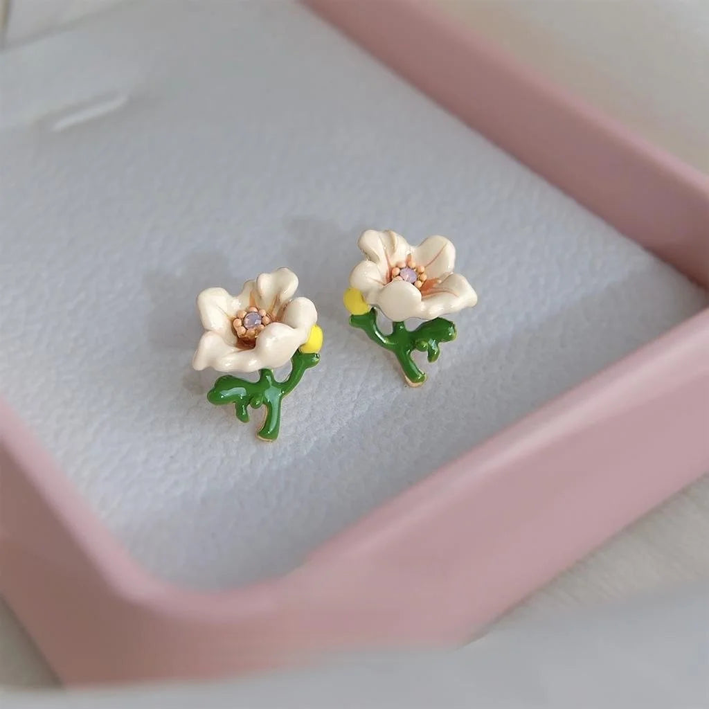 Eco Copper 14K Plated Enamel Flower Stud Earrings Forest Style Sweet Floral Jewelry