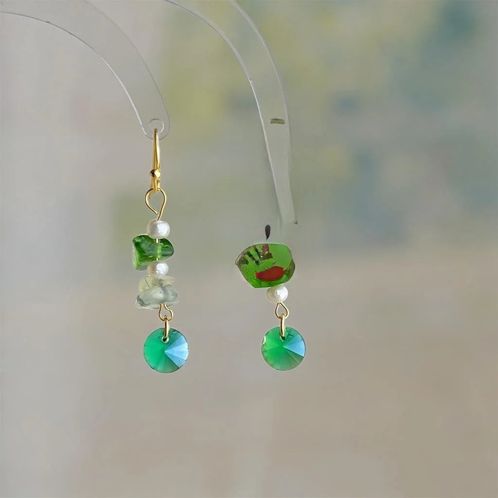 Forest Fresh Handmade Irregular Geometric Crushed Stone Freshwater Pearl Drop Earrings