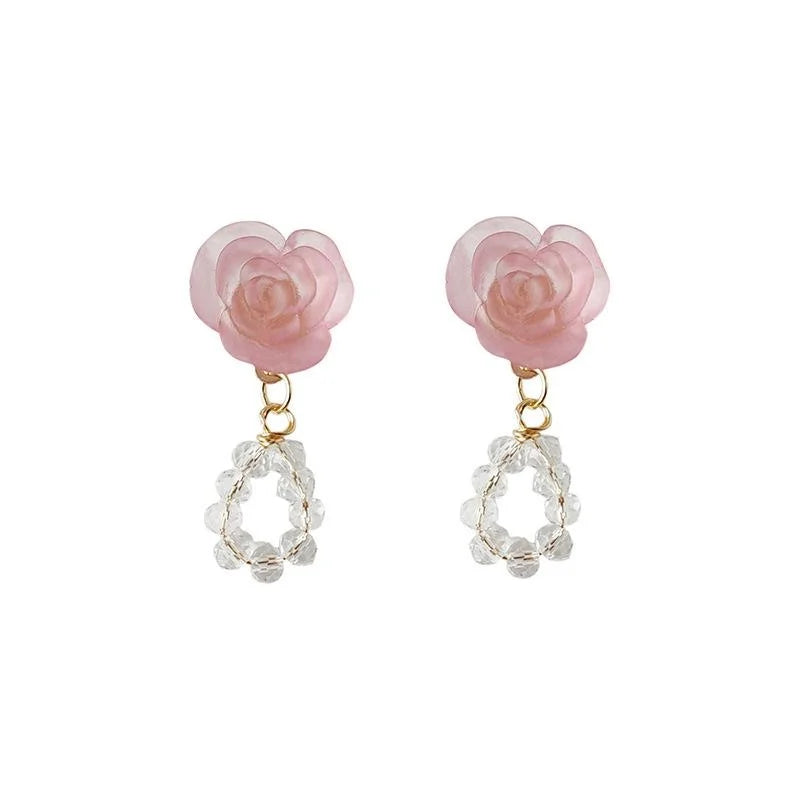 Handmade Glass Crystal Pink Rose Stud Earrings French Vintage Beaded Vacation Style Jewelry
