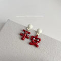 Festive Red Enamel Chinese Character Drop Earrings Copper Posts New Year Jewelry
