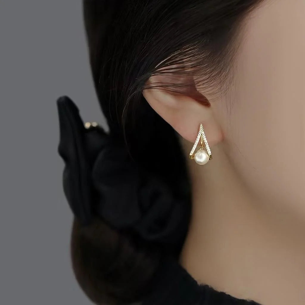 Eco-Friendly Copper Pearl Zircon Cross Drop Earrings Light Luxury Geometric Commuter Jewelry