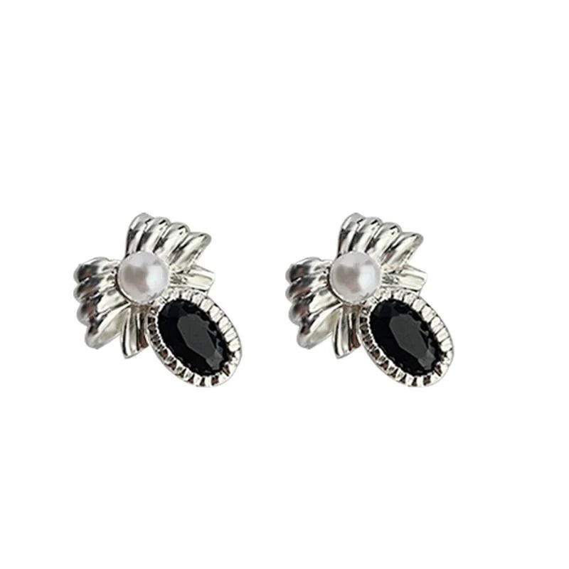 Sweet Cool Bow Stud Earrings Copper Black Zircon Pearl Minimalist Jewelry