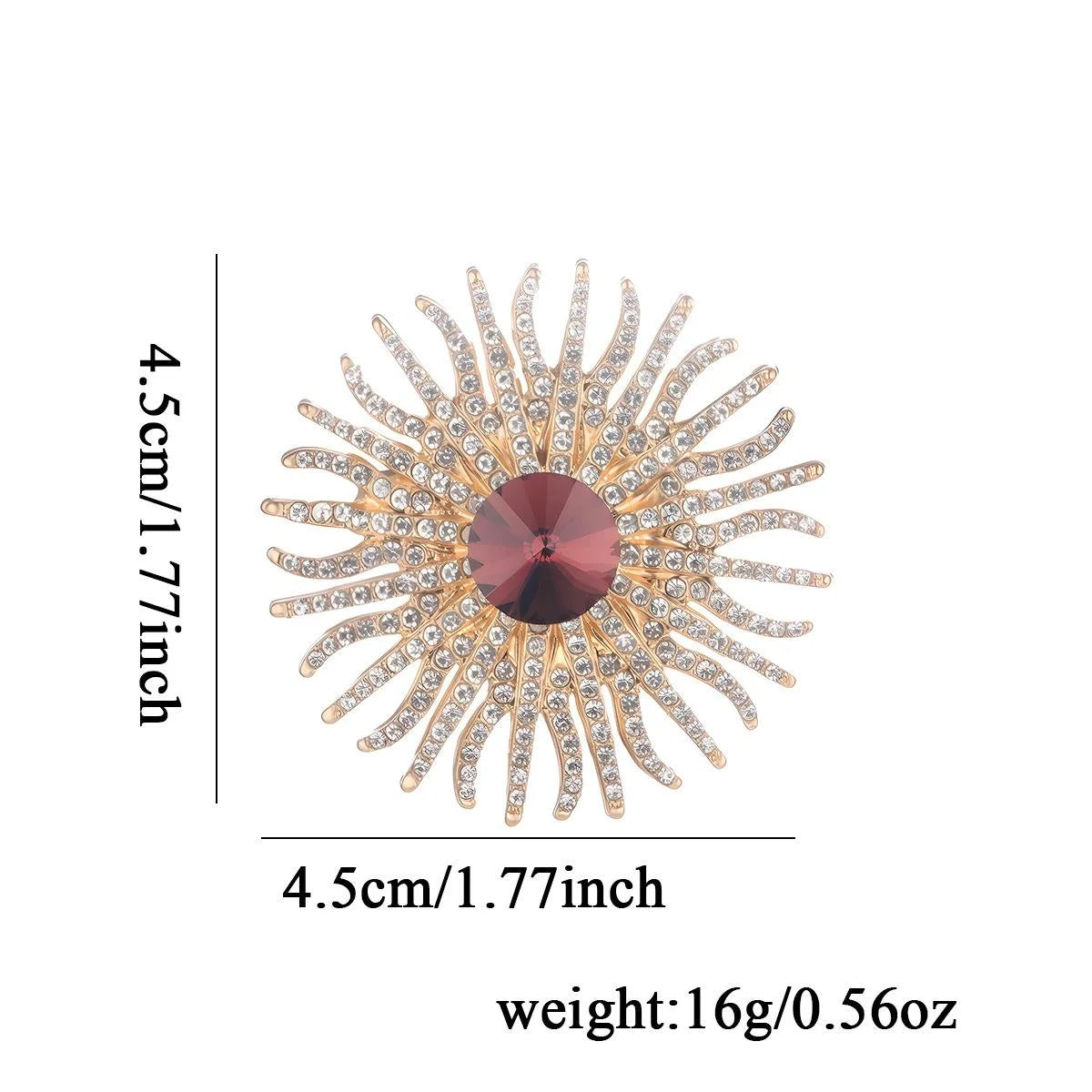 Luxury Sunflower Sunburst Rhinestone Brooch With Blue Glass Center, Elegant Women's Lapel Pin Suit Accessory