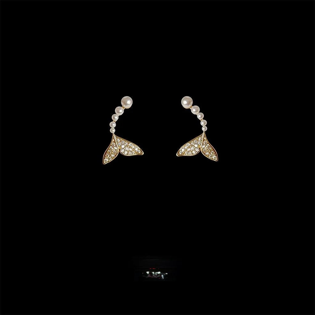 14K Gold Plated Copper Fishtail Micro Pave Zircon Stud Earrings Light Luxury Style