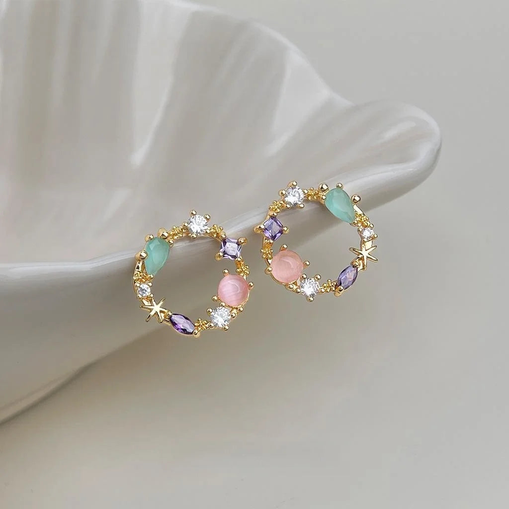 14K Plated Copper Zircon Floral Wreath Stud Earrings Colorful Forest Style Jewelry