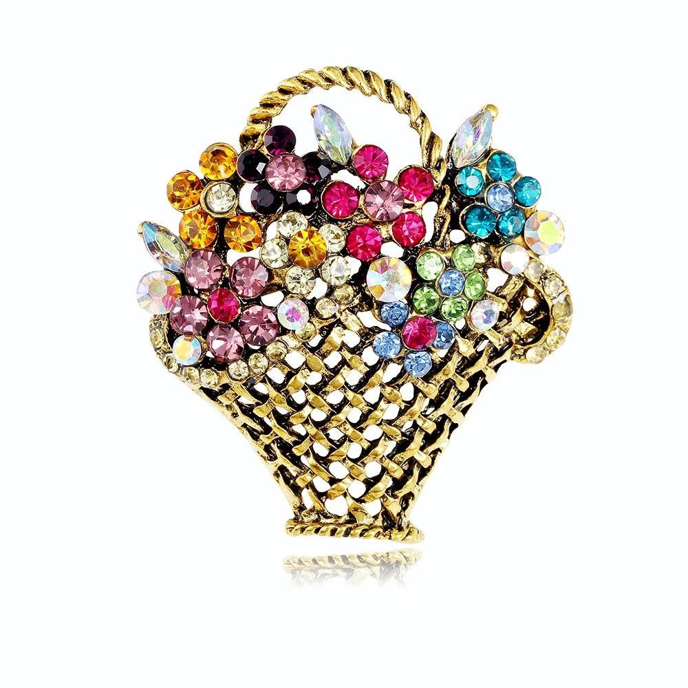 Cute Rhinestone Flower Basket Brooch, Gold Tone Alloy Floral Lapel Pin For Women's Suit Accessory Gift