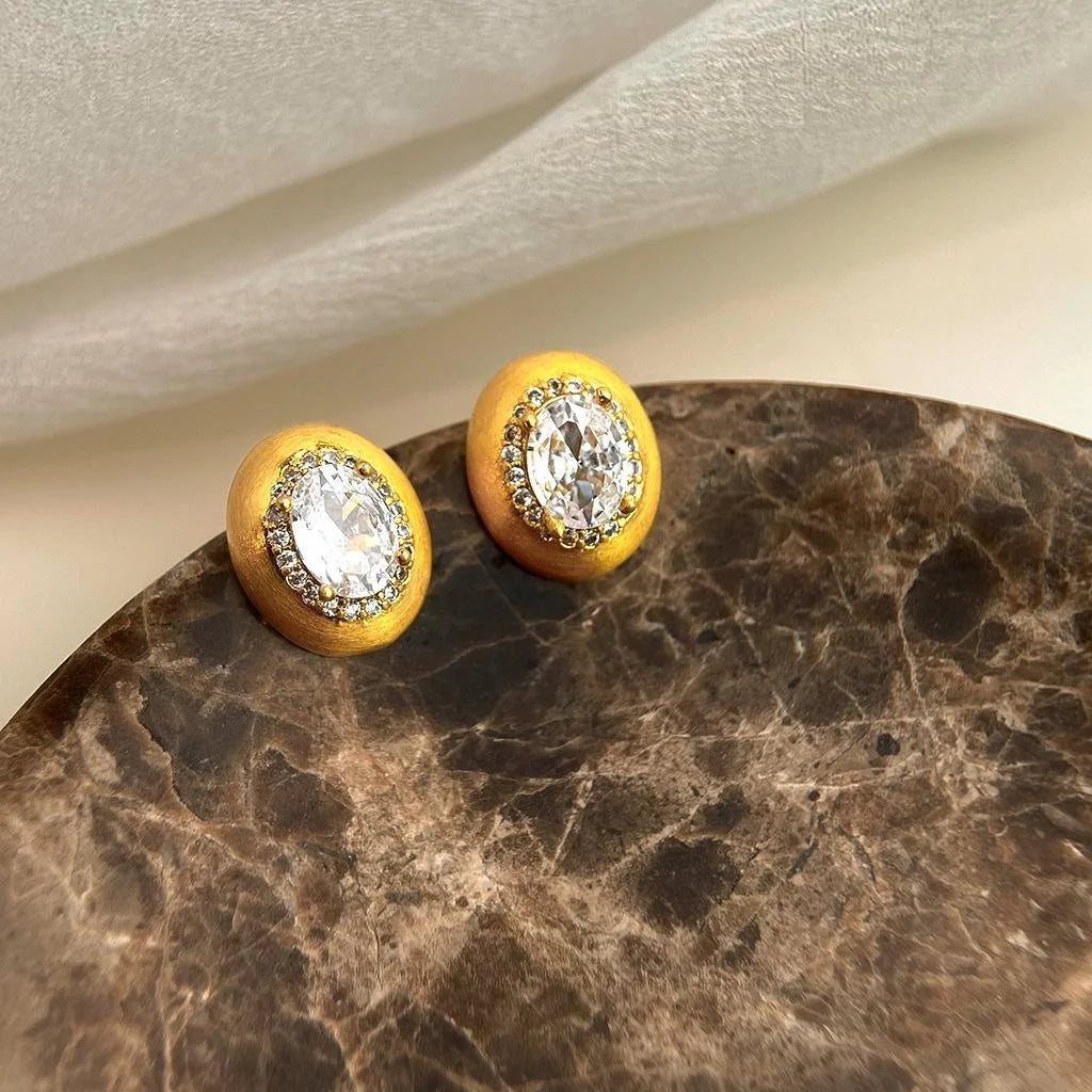 14K Gold Plated Copper Oval Geometric Micro Pave Zircon Stud Earrings, Brushed Light Luxury