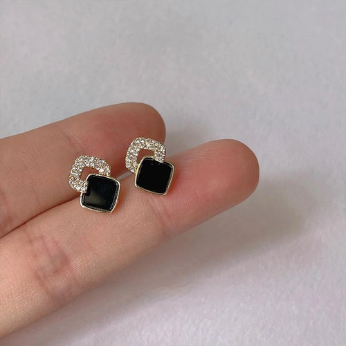 Light Luxury Black Geometric Zircon Stud Earrings Copper Rhombus Minimalist