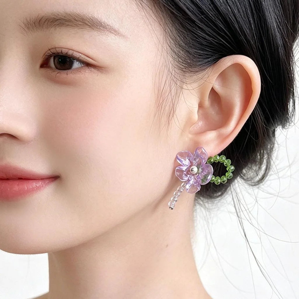 Sweet Purple Transparent Resin Flower Drop Earrings Handmade Summer Vacation Style
