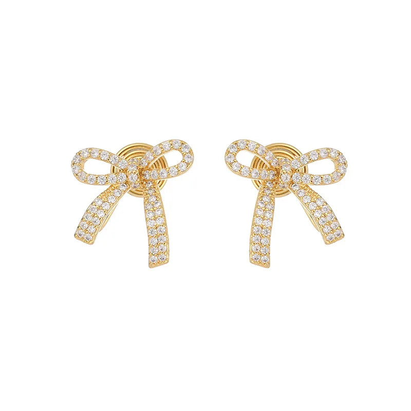 Luxury Gold Alloy Zircon Pave Bow Knot Stud & Clip On No Piercing Fashion Jewelry Earrings
