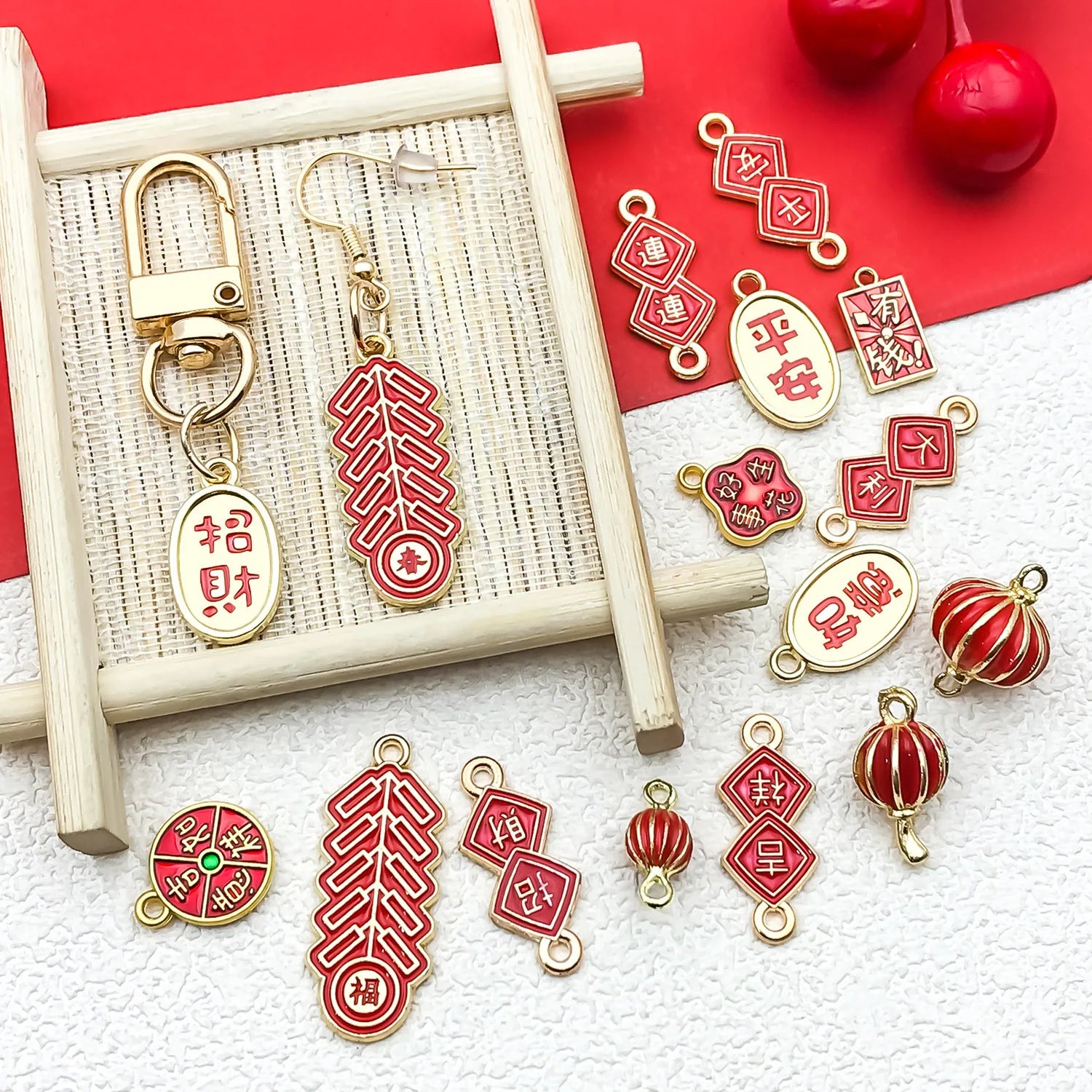Red Zinc Alloy Fu Character Lantern Firecracker Bead for DIY New Year Jewelry
