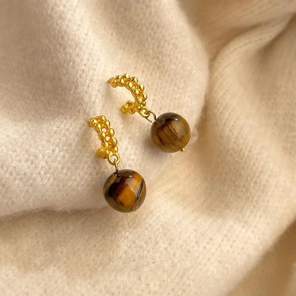 Retro Maillard Tiger Eye Natural Stone Geometric Round Drop Earrings For Women