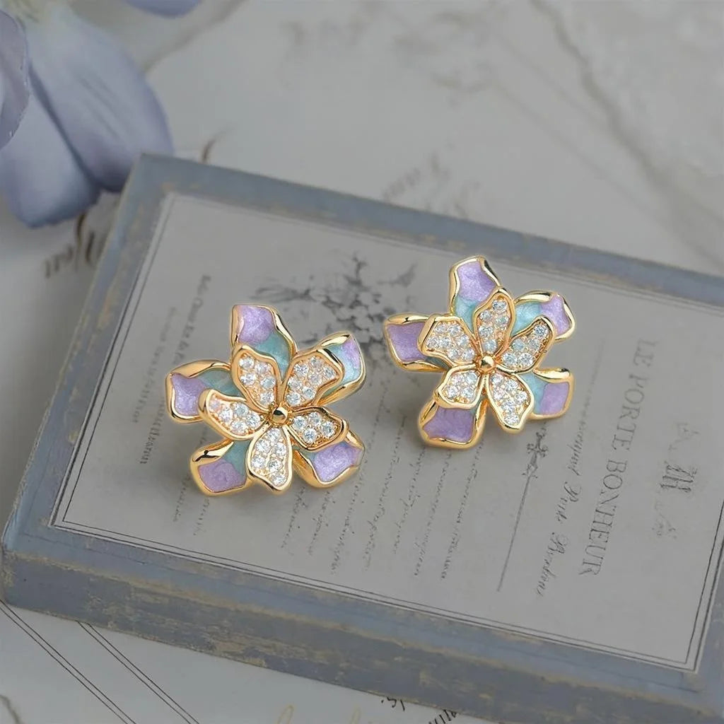 Sweet Floral Zircon Enamel Copper Stud Earrings, Designer Summer Flower Petal Jewelry