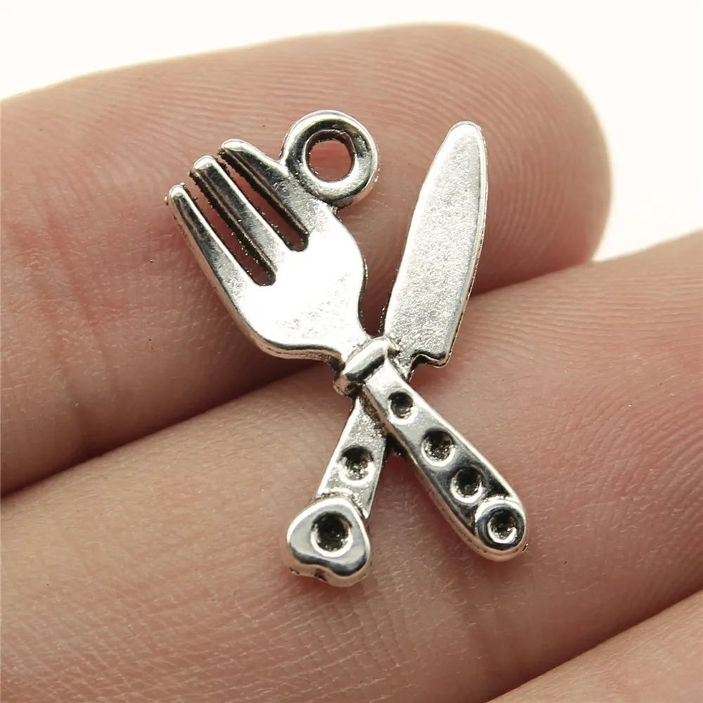 20x14mm 1.2g Antique Silver Zinc Alloy Cutlery Knife Fork Charm Pendant for Food Theme Jewelry Making
