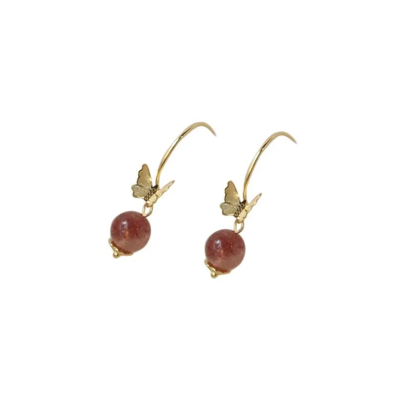 French Vintage Strawberry Quartz Beaded Butterfly Drop Earrings Sweet Elegant Long Dangle Jewelry