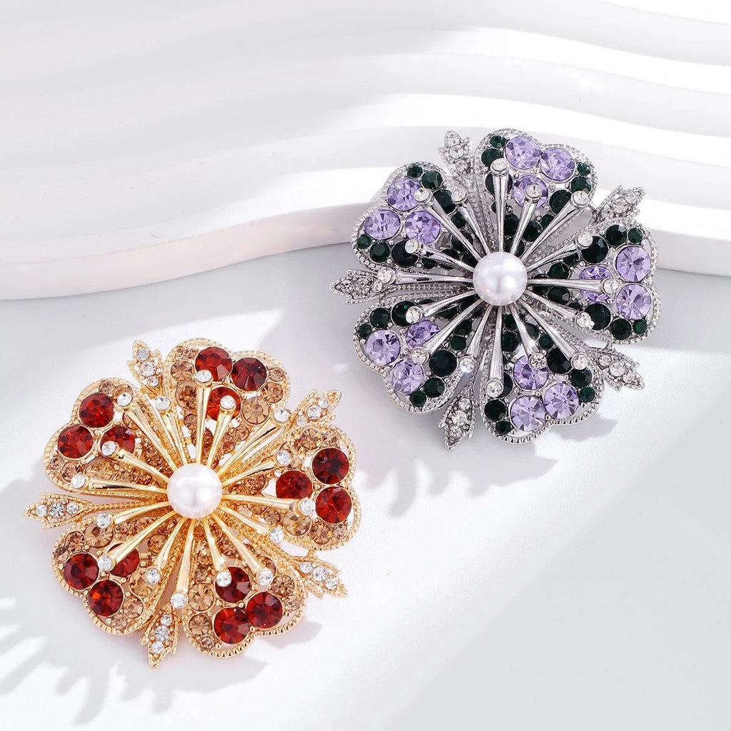 Luxury Flower Brooch With Purple Green Rhinestones And Pearl Center, Elegant Alloy Lapel Pin Corsage Gift