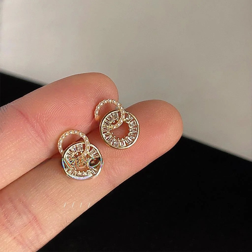 14K Gold Plated Copper Geometric Round Zircon Micro Pave Stud Earrings Minimalist Luxury