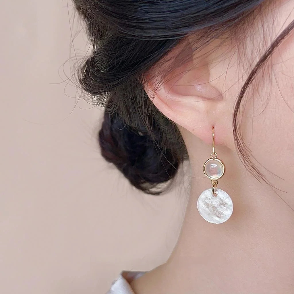 French Vintage Copper And Real Shell Round Geometric Drop Earrings Elegant Handmade Jewelry