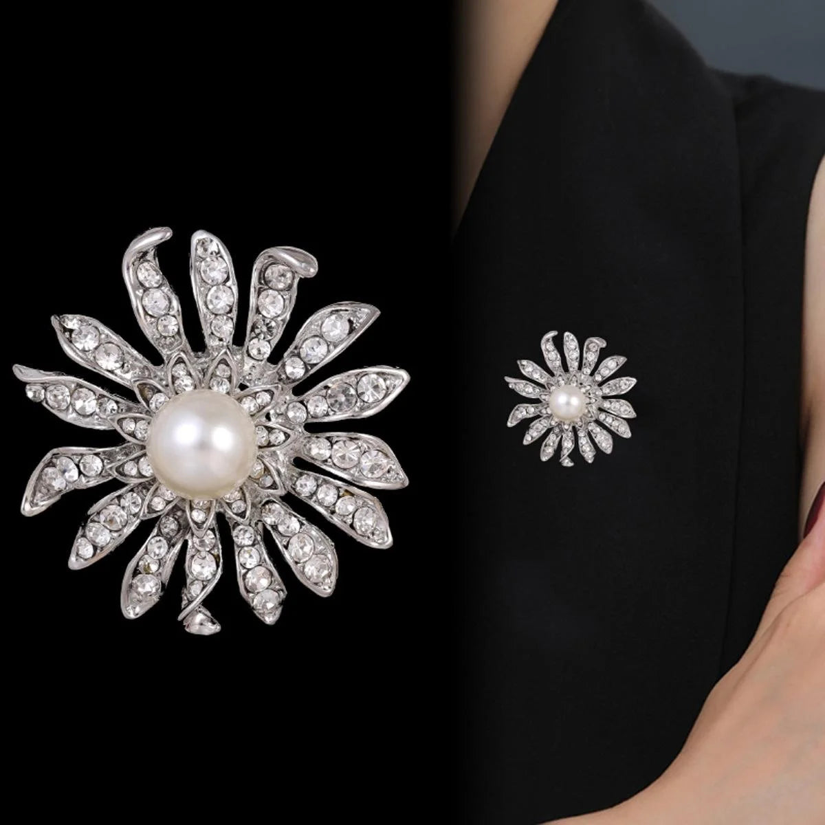 Luxury Sunflower Pearl Rhinestone Brooch Pin, Silver Alloy Crystal Lapel Corsage Suit Accessory Gift