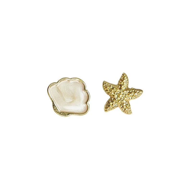 Copper Starfish Shell Enamel Asymmetric Mini Stud Earrings Simple Vacation Style
