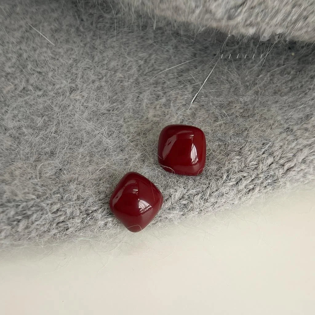 14K Plated Copper Wine Red Enamel Geometric Stud Earrings French Vintage Style