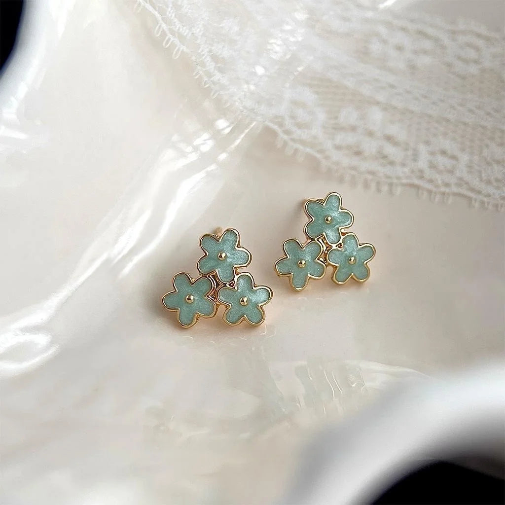 2025 New Mint Green Copper Flower Stud Earrings Sweet Fresh Forest Style Women's Jewelry