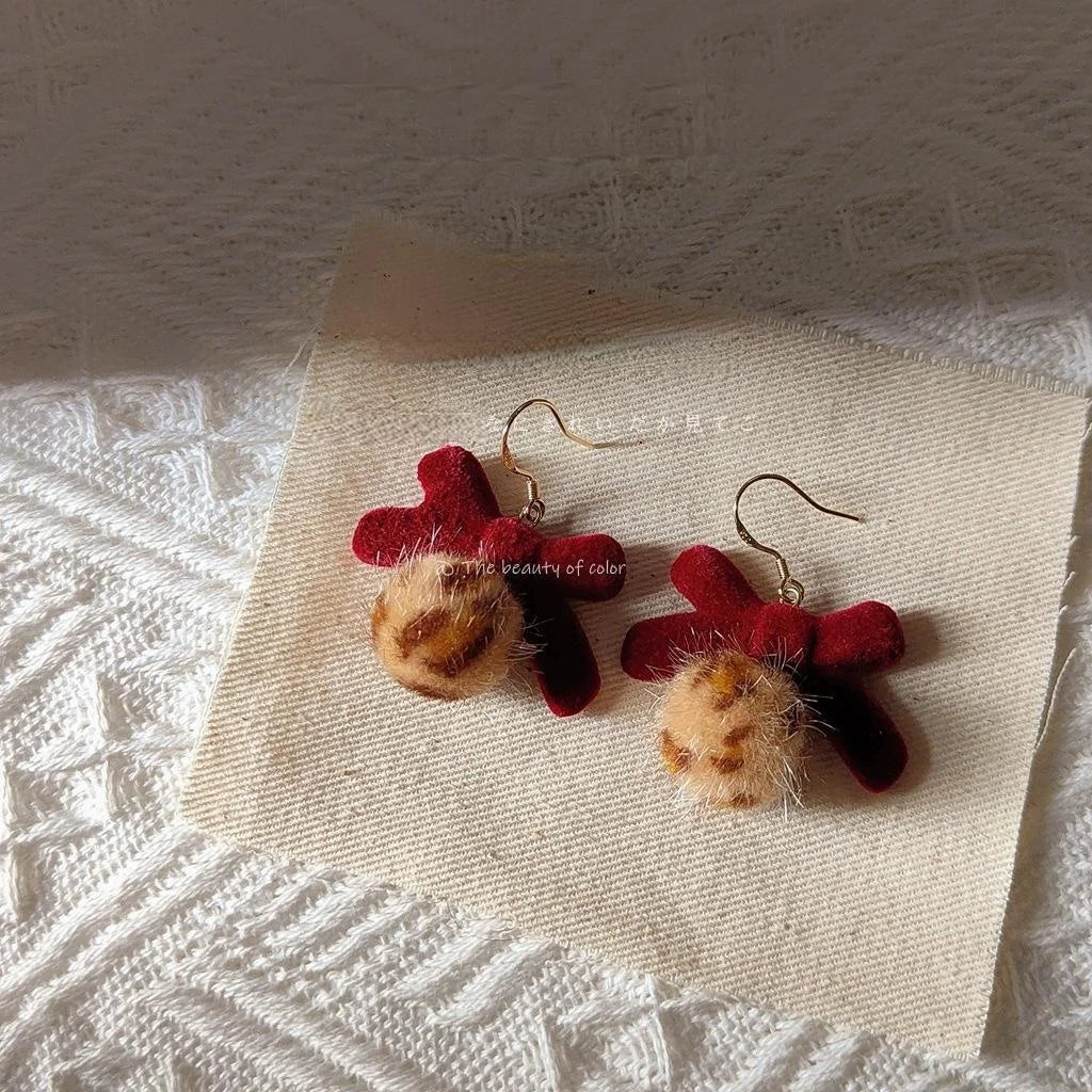 Burgundy Flocked Bow Drop Earrings With Silver Plated Posts Simple Korean Style Pom Pom Jewelry