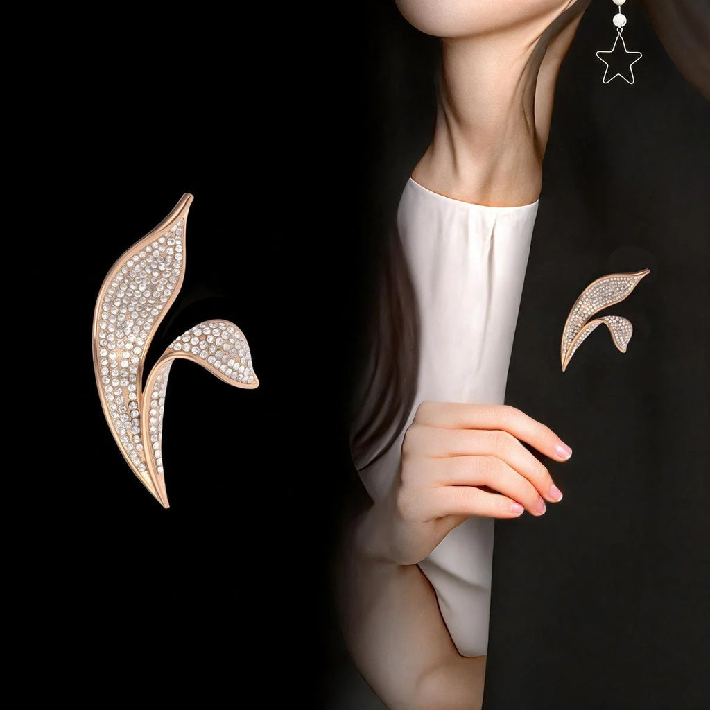 Elegant Asymmetric Leaf Rhinestone Brooch Rose Gold Tone Alloy Lapel Pin Corsage Suit Accessory Gift