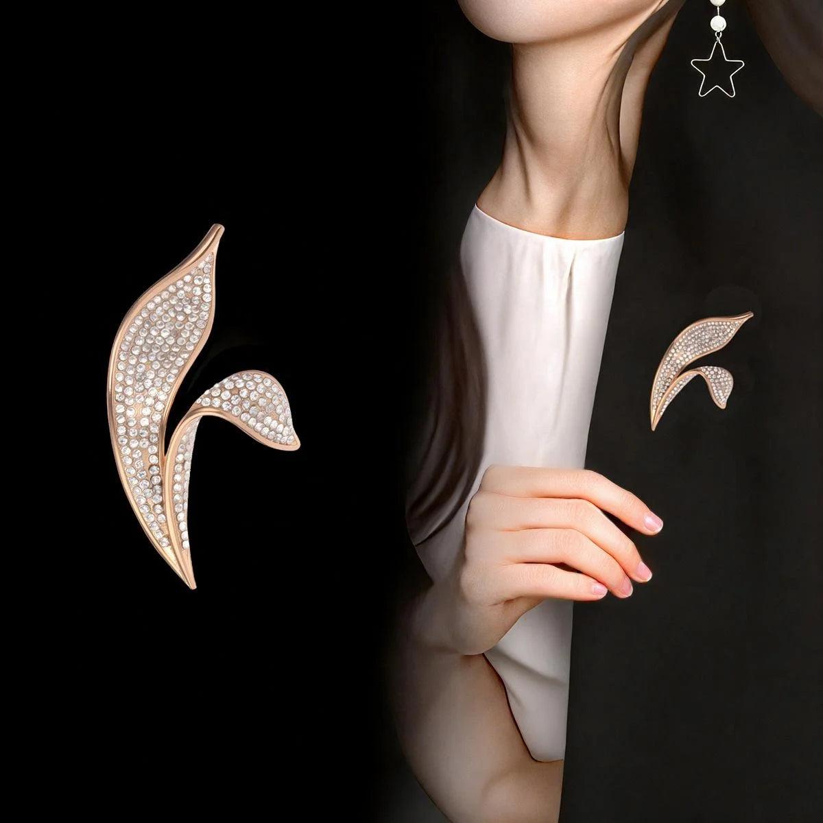 Elegant Asymmetric Leaf Rhinestone Brooch Rose Gold Tone Alloy Lapel Pin Corsage Suit Accessory Gift