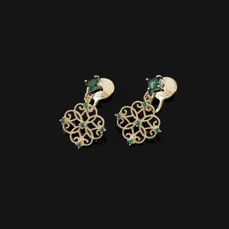 Vintage Chinese Style Green Zircon Geometric Filigree Disc Stud & Clip On No Piercing Earrings
