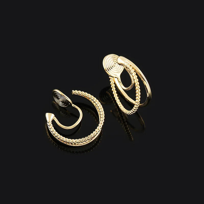 Vintage Double Hoop Spiral Alloy Stud & Clip On No Piercing Hong Kong Style Hoop Earrings