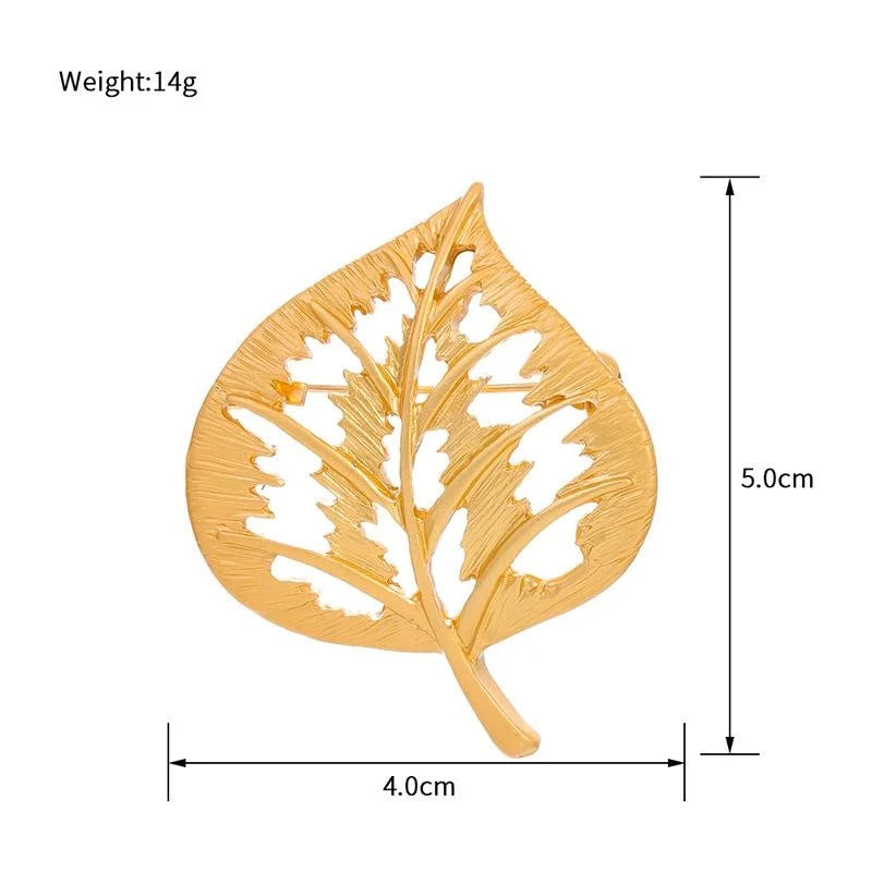 Elegant Gold Tone Alloy Leaf Brooch Hollow Vein Lapel Pin Corsage For Coat Suit Accessory Gift