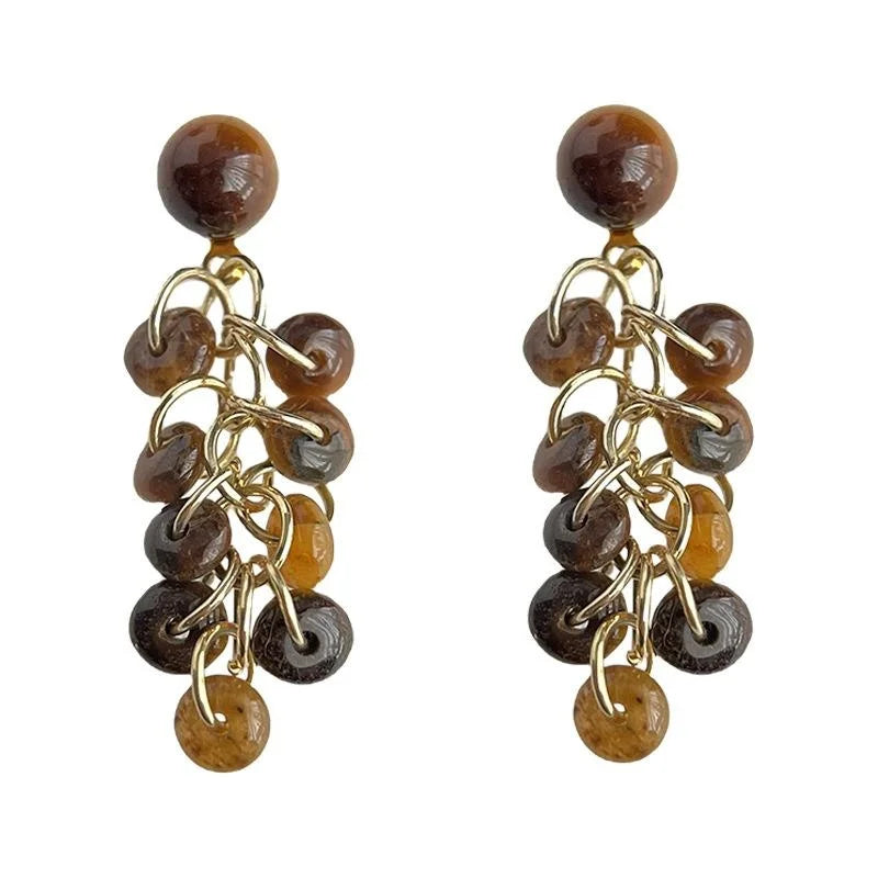 14K Gold Plated Tiger Eye Natural Stone Tassel Drop Earrings Maillard Vintage Designer Jewelry