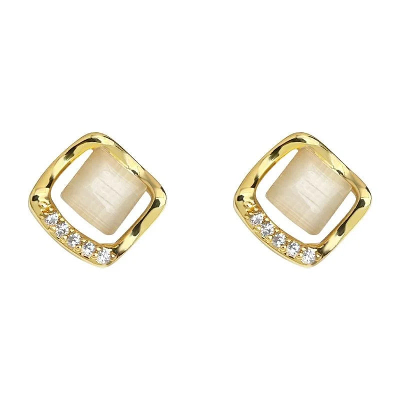 Minimalist Geometric Square Hollow Glass Cat Eye Stone Copper Stud Earrings With Silver Plated Pins