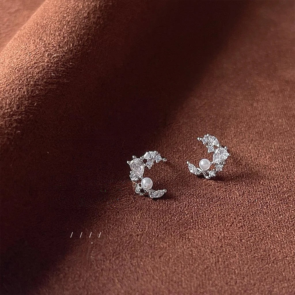 Sparkling Micro Pave Zircon Moon Stud Earrings, Silver Plated Copper Minimalist Jewelry