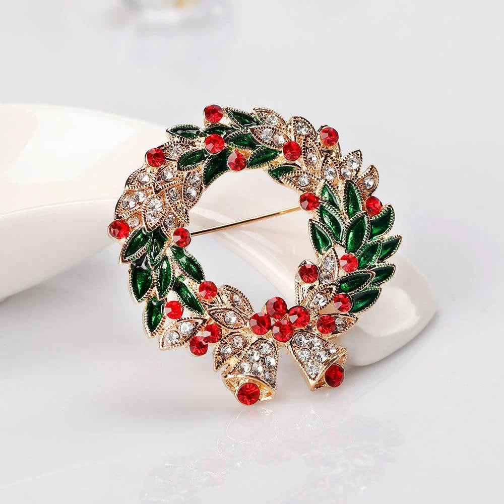 Elegant Christmas Wreath Brooch With Enamel Leaves And Rhinestones, Festive Lapel Pin Corsage Gift