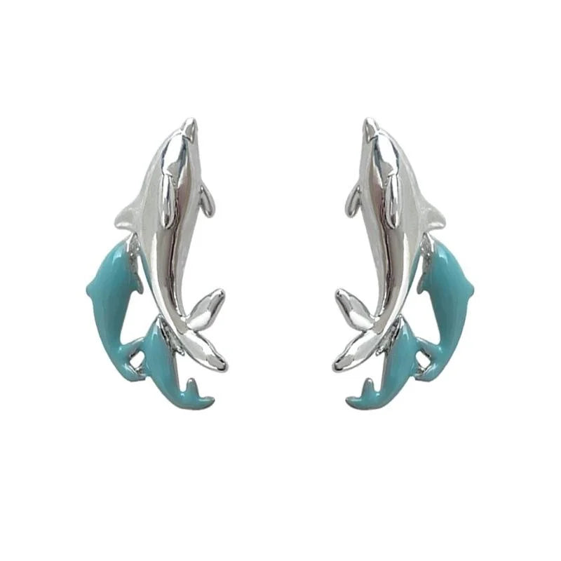 Silver Plated Copper Whale Dolphin Stud Earrings Ocean Animal Designer Sweet Cool Jewelry